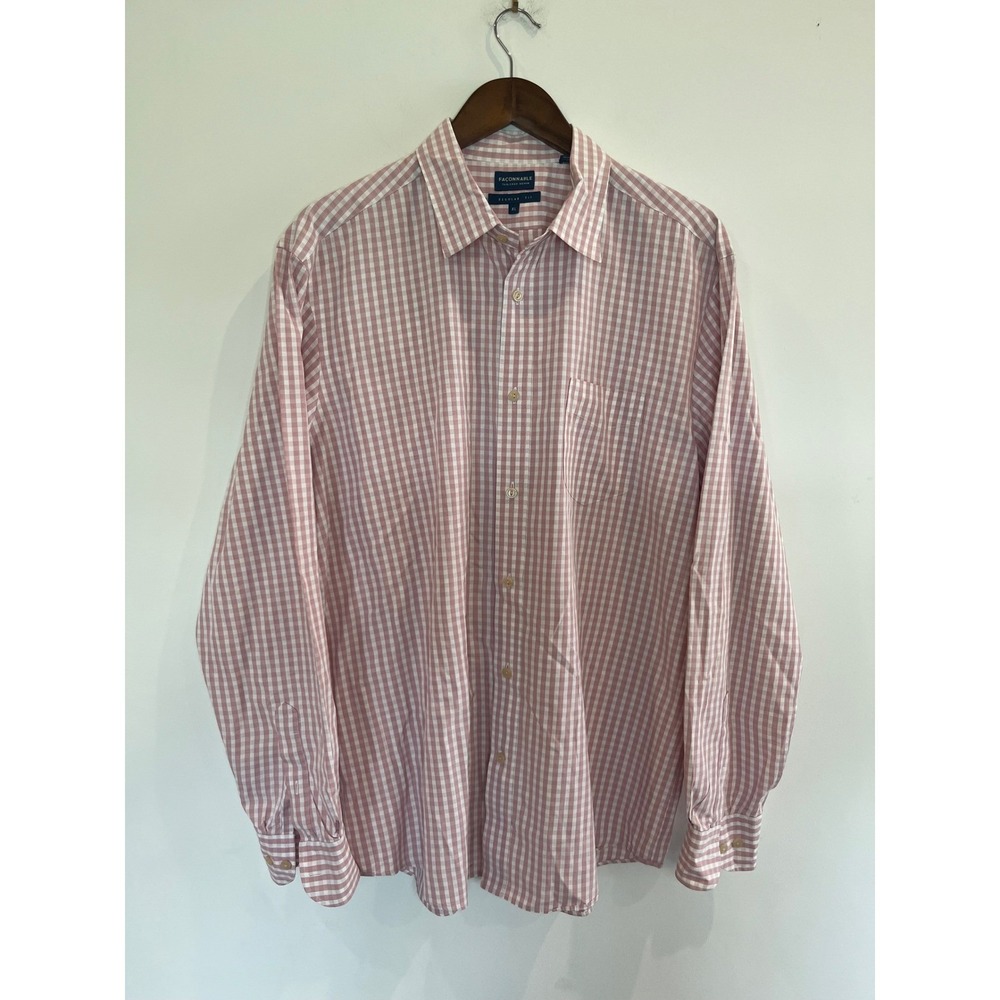 Faconnable Tailored Denim Mens XL Regular Fit Gingham Button Down Shirt Pink